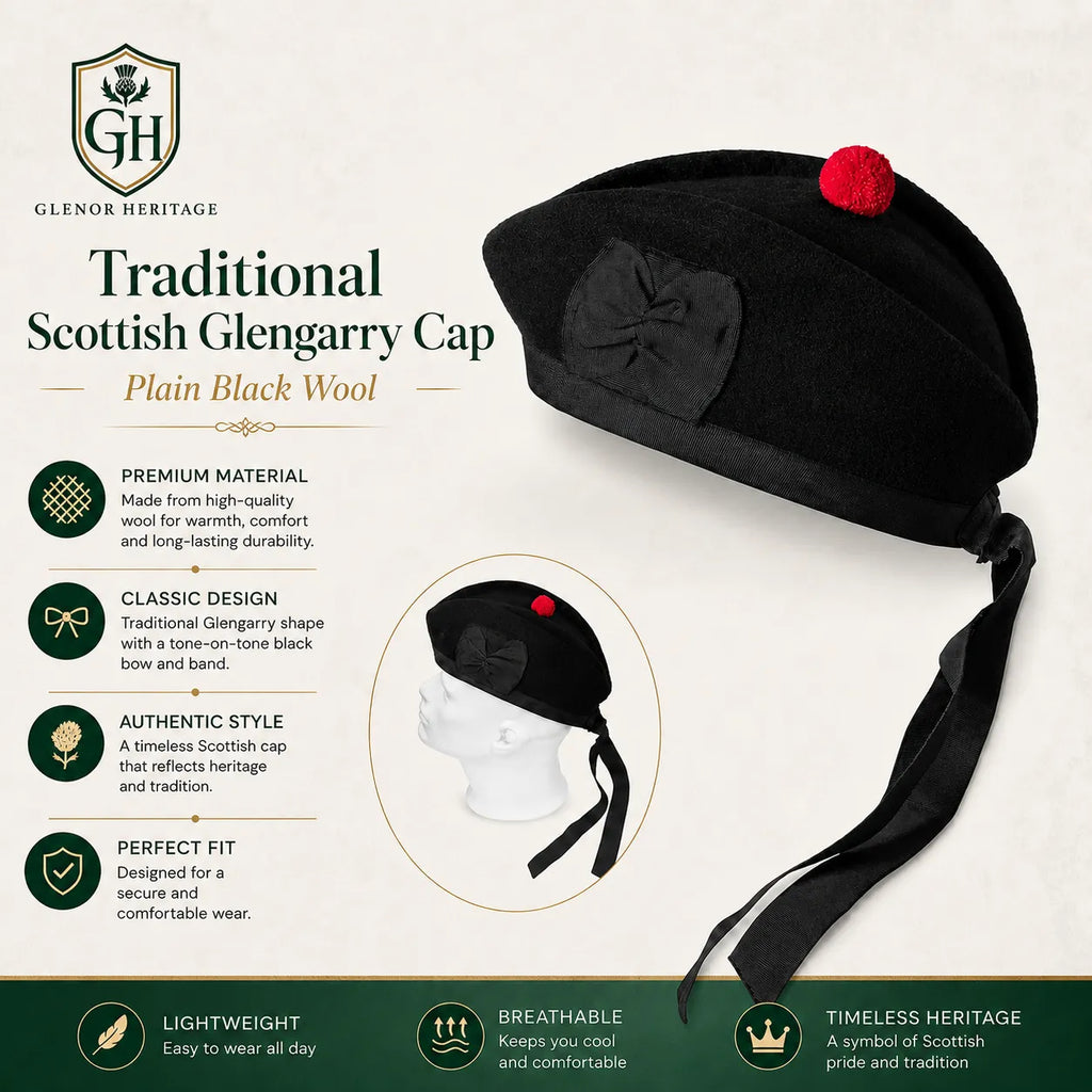 Plain black wool Glengarry cap side profile showing classic boat shape and diced band detail