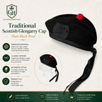 Plain black wool Glengarry cap side profile showing classic boat shape and diced band detail
