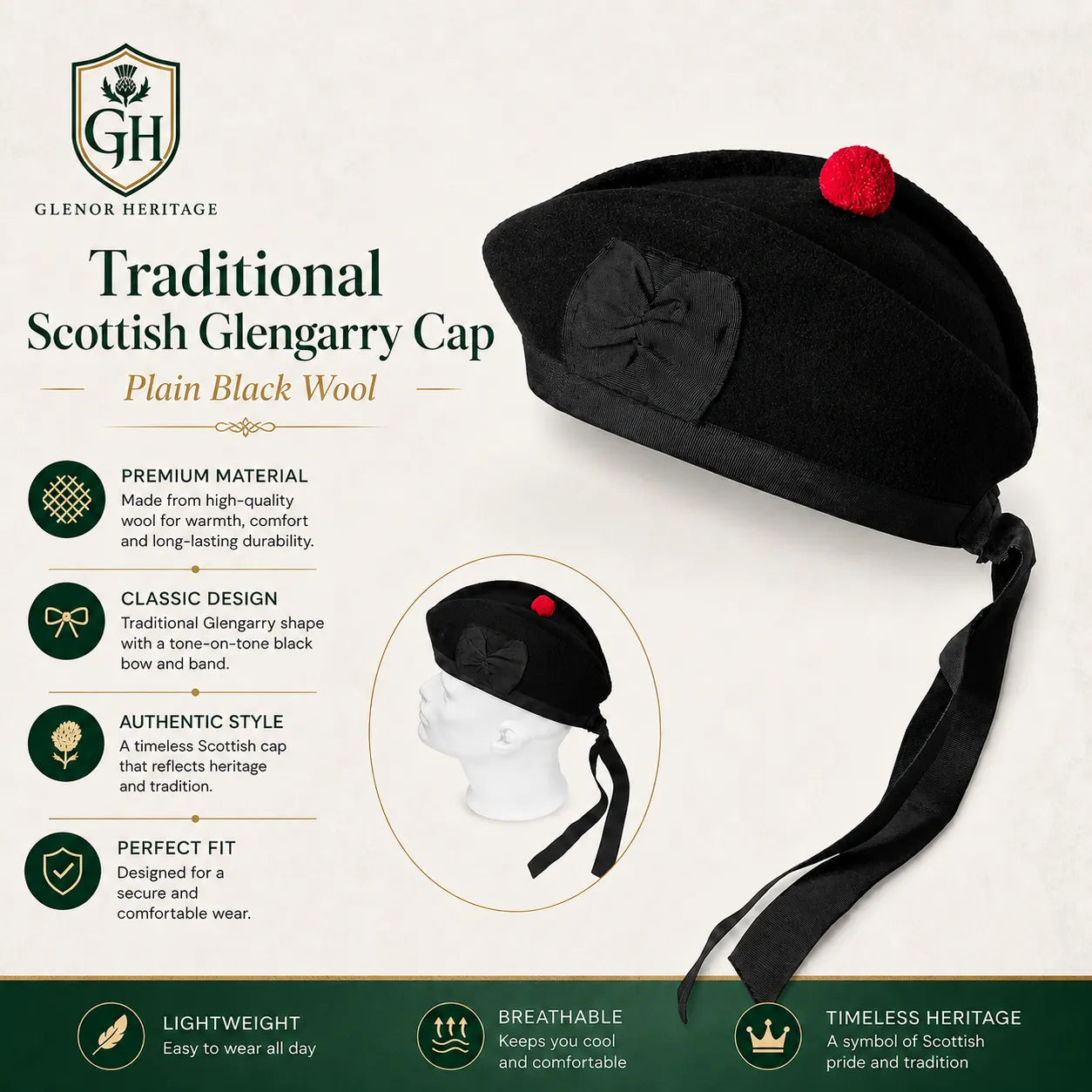 Plain black wool Glengarry cap side profile showing classic boat shape and diced band detail