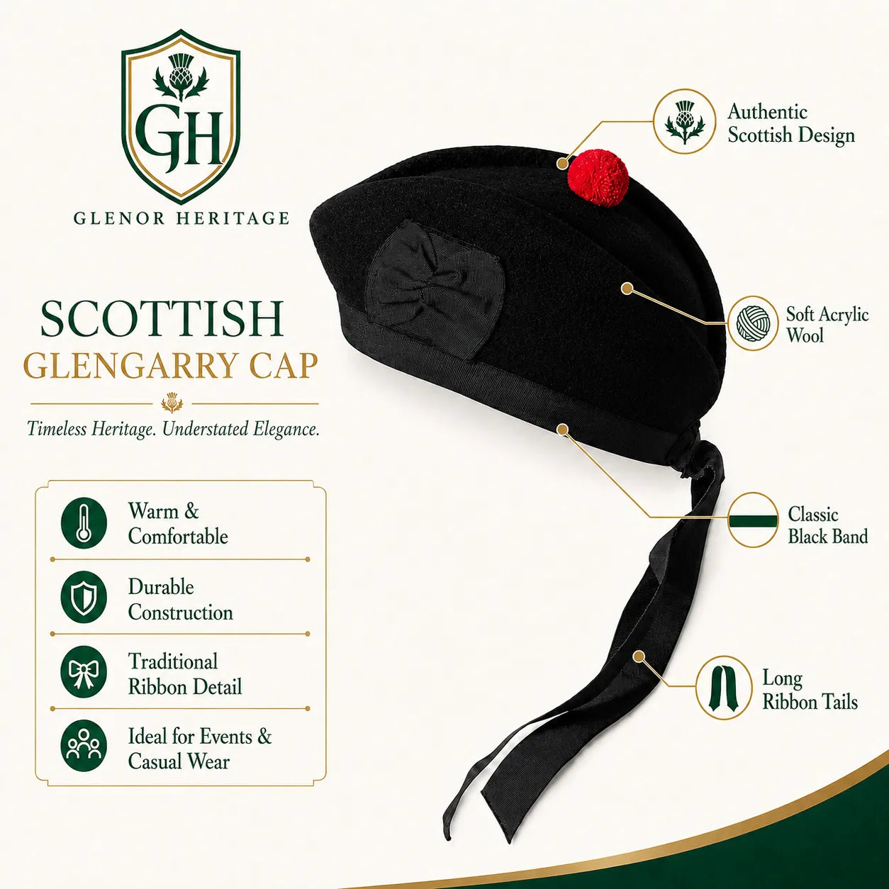 Glengarry cap back view showing traditional ribbon tails – authentic Scottish pipe band headwear