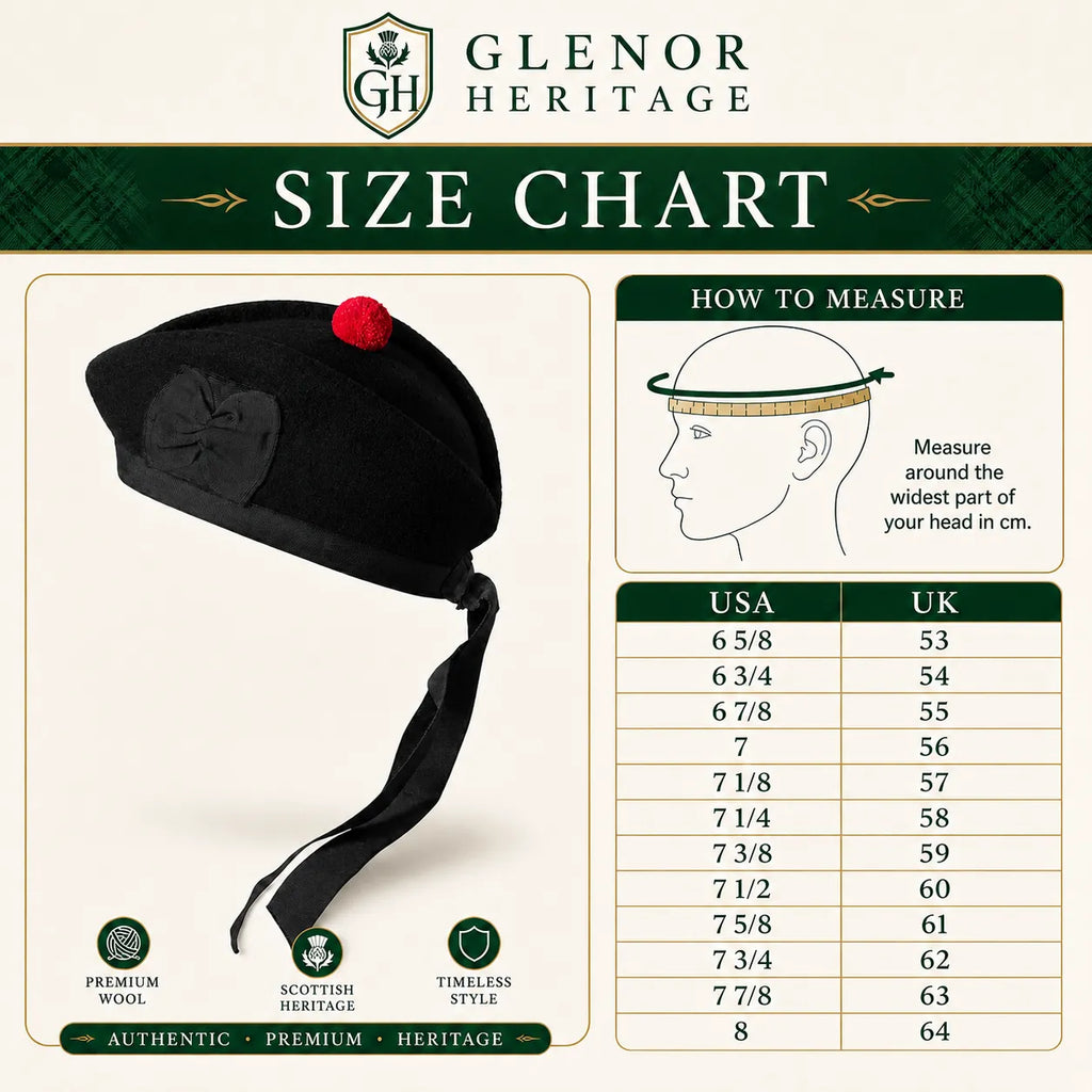Plain black Glengarry cap worn front view – traditional Scottish Highland hat for pipe bands and weddings