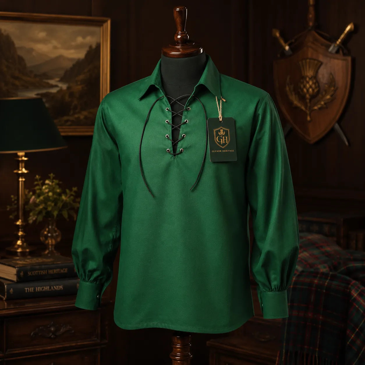 Green Jacobite Lace Up Shirt – Traditional Celtic Highland Wear | Glenor Heritage