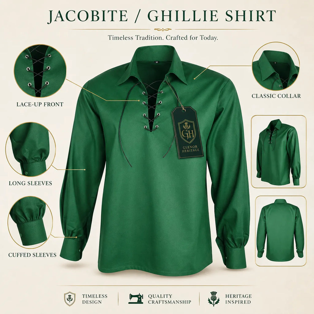 Green Jacobite Lace Up Shirt – Traditional Celtic Highland Wear | Glenor Heritage