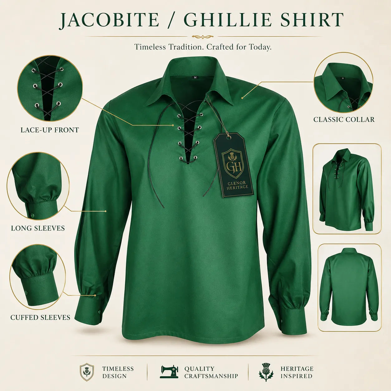 Green Jacobite Lace Up Shirt – Traditional Celtic Highland Wear | Glenor Heritage