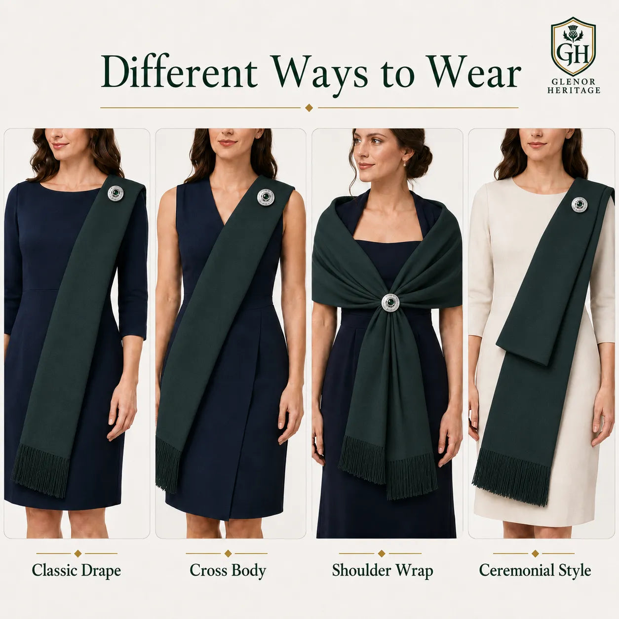 Dark green Highland sash draped full length showing fringe edging and deep green colour