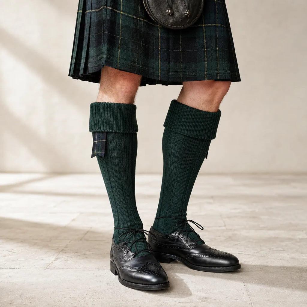 Heritage green Scottish kilt hose front view – premium Highland socks by Glenor Heritage