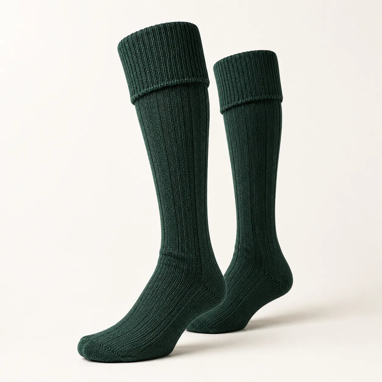 Heritage green kilt hose side view – traditional ribbed Highland socks in green for Scottish dress by Glenor Heritage