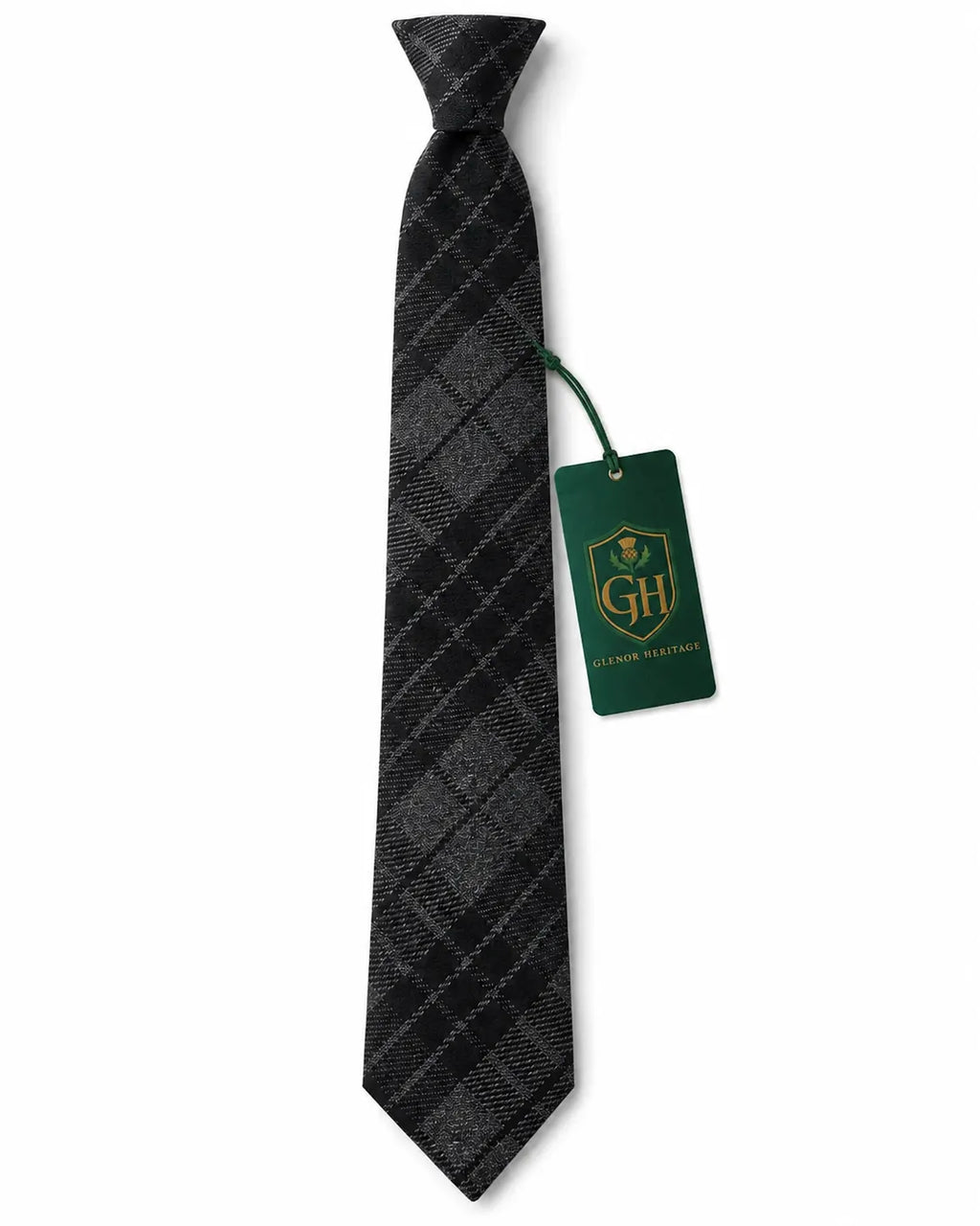 A dark gray and black plaid necktie with a matching green and gold 'The Glenor Heritage ' brand tag attached, displayed on a clean white background.