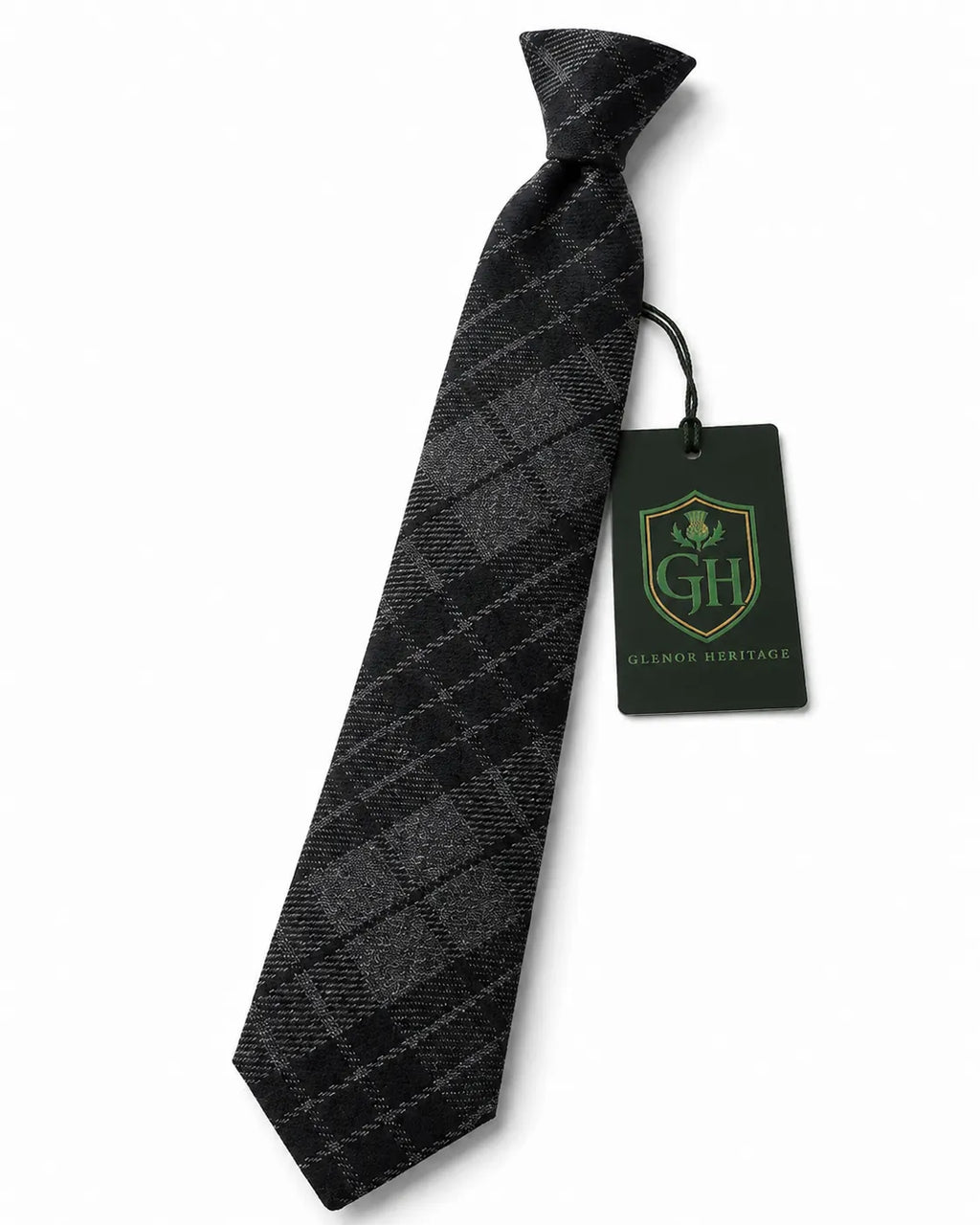 A black and gray plaid necktie with a matching dark green brand tag from Glenor Heritage