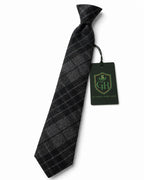 A black and gray plaid necktie with a matching dark green brand tag from Glenor Heritage
