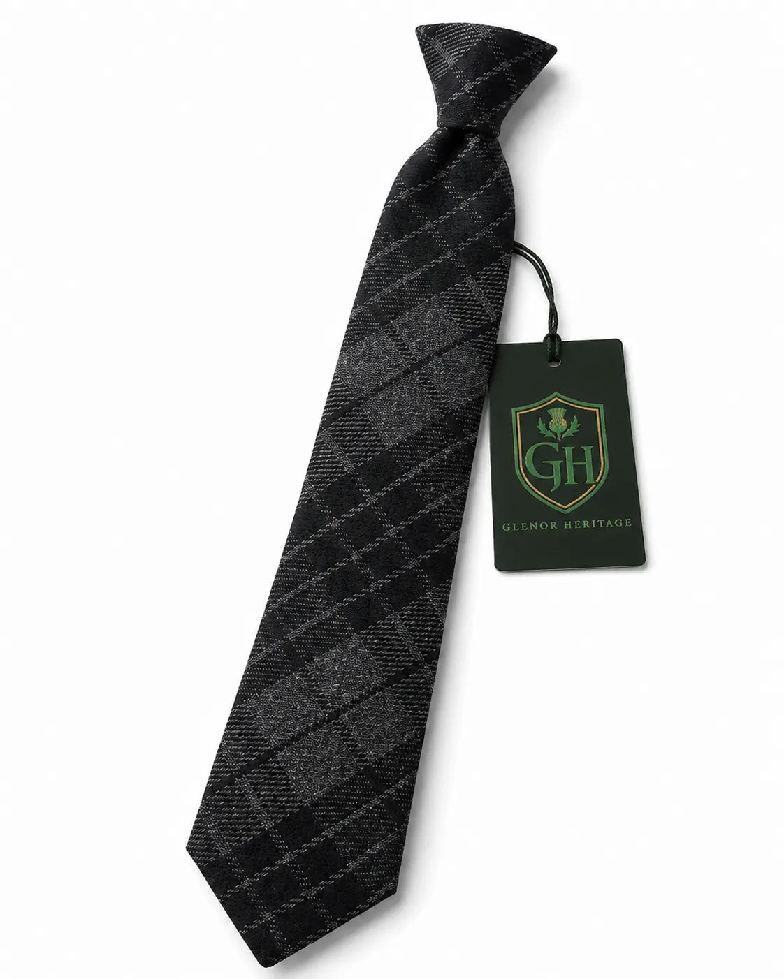 A black and gray plaid necktie with a matching dark green brand tag from Glenor Heritage