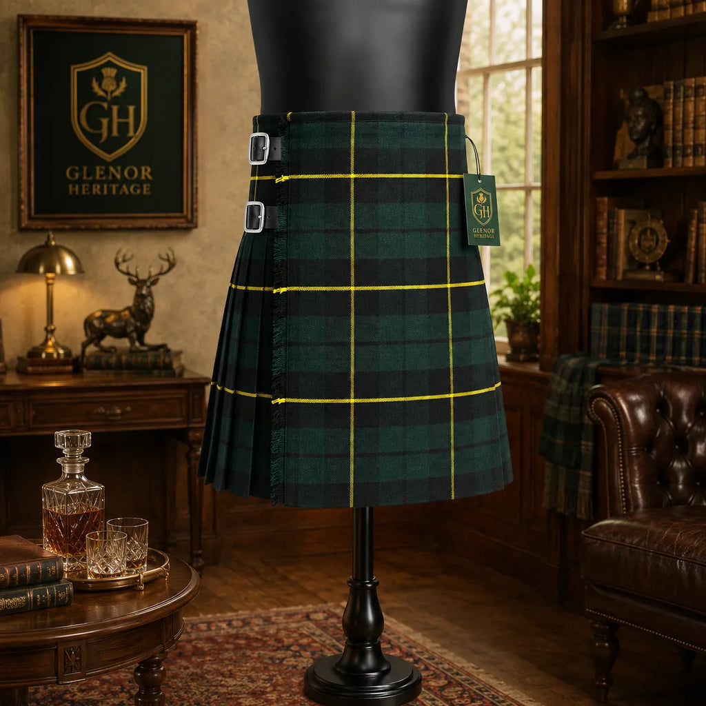 Glenor Heritage Hunting Wallace tartan kilt full front view with leather strap closure