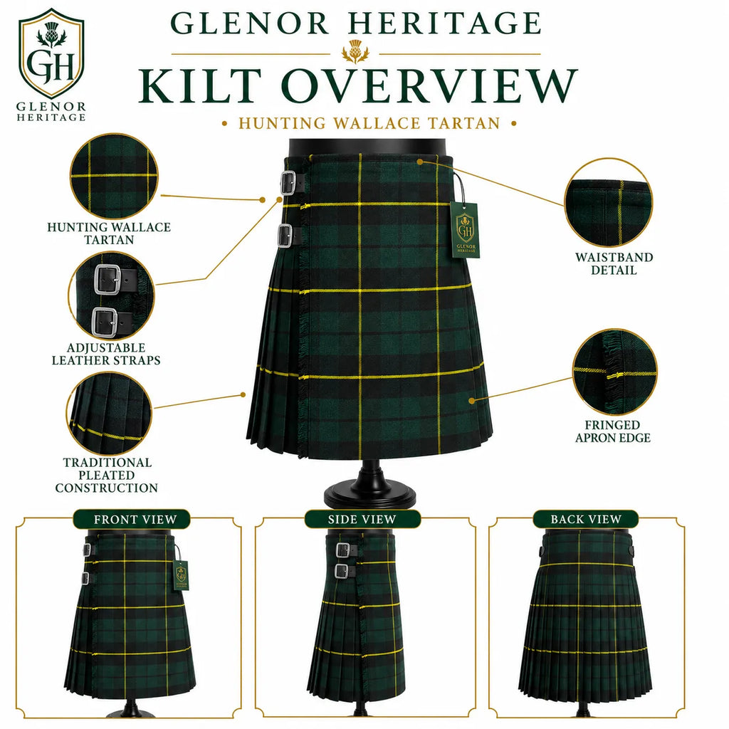 Hunting Wallace kilt side view showing traditional knife pleats and metal buckle closure