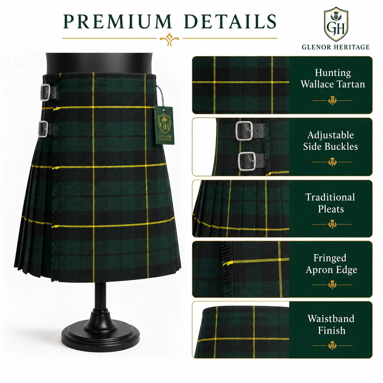 Hunting Wallace tartan kilt back pleat detail – premium acrylic wool Highland kilt by Glenor Heritage