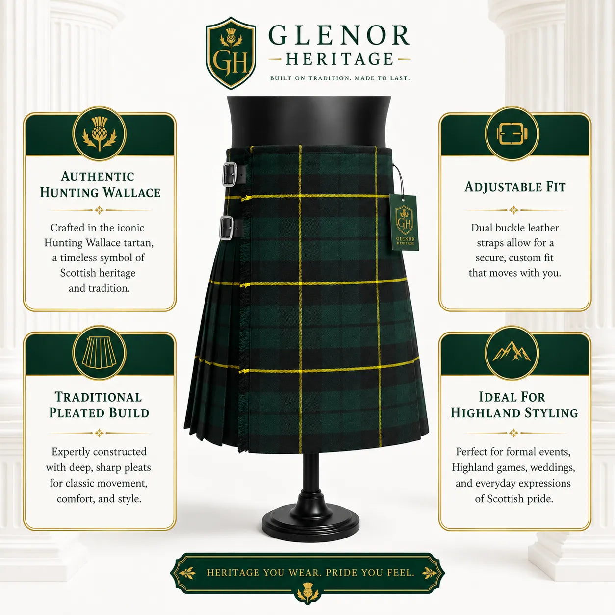 Hunting Wallace clan kilt full length view – Scottish Highland kilt for clan gatherings and Highland Games