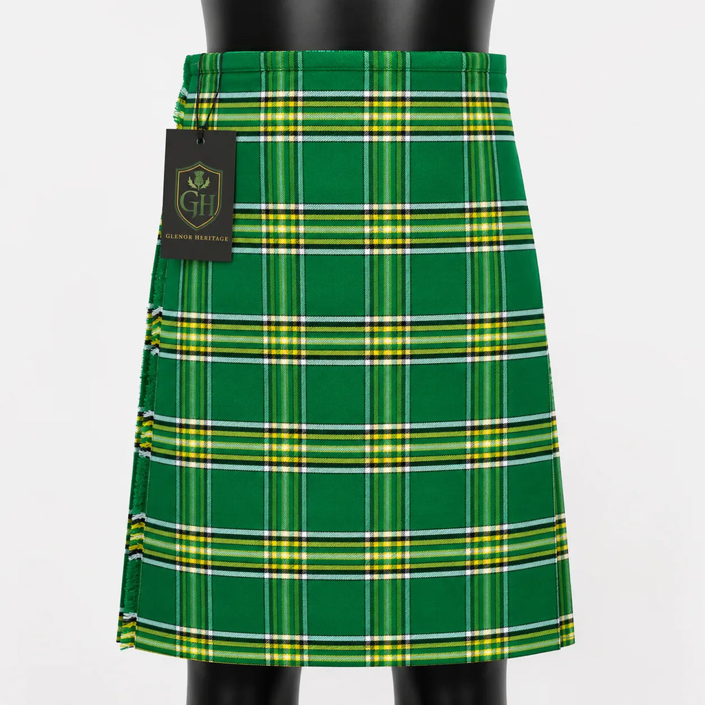 Irish Green tartan kilt front view – vibrant shamrock green Celtic plaid with adjustable leather straps