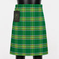 Irish Green tartan kilt front view – vibrant shamrock green Celtic plaid with adjustable leather straps