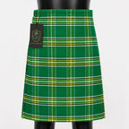 Irish Green tartan kilt front view – vibrant shamrock green Celtic plaid with adjustable leather straps