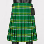 Irish Green kilt side view showing traditional knife pleats and metal buckle closure