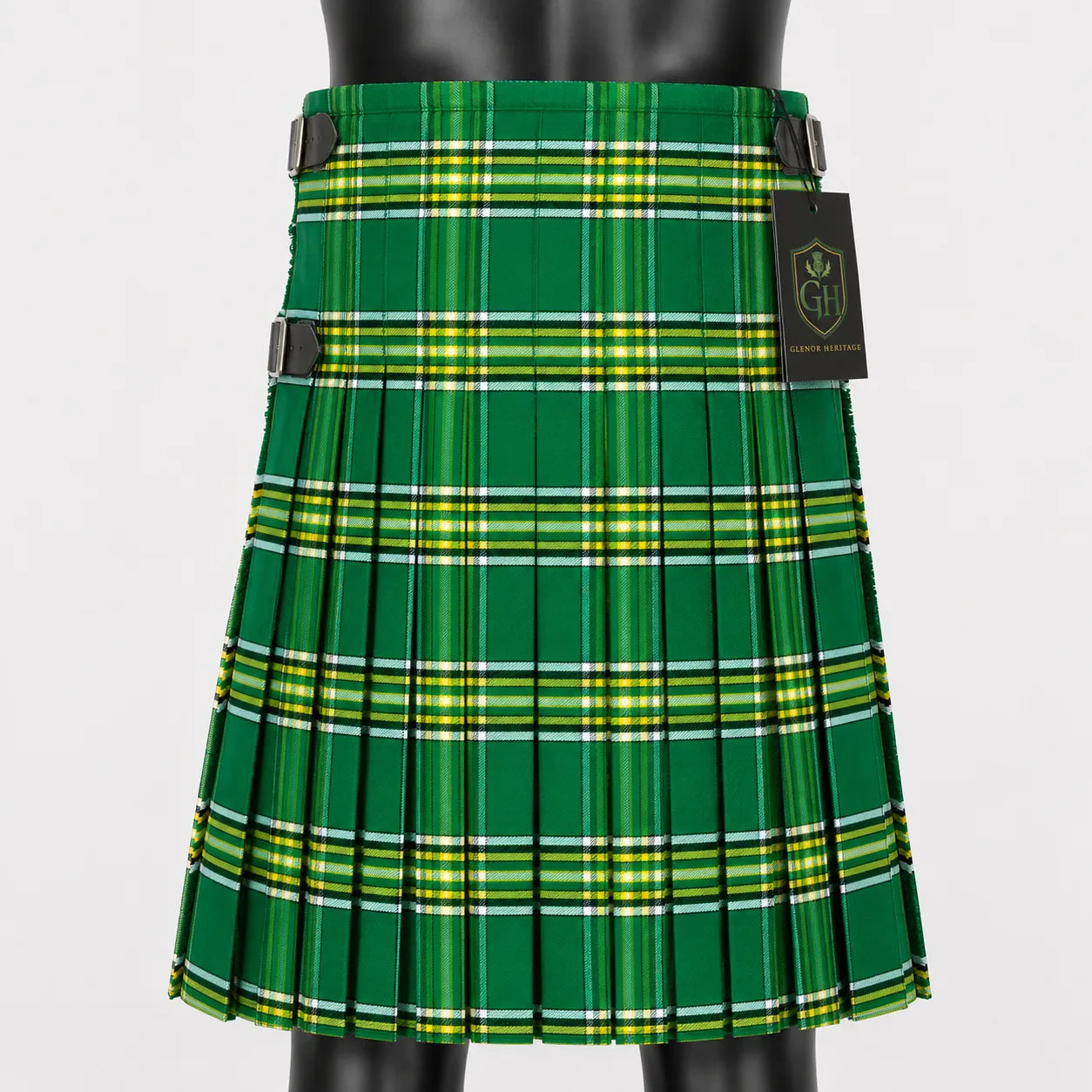 Irish Green kilt side view showing traditional knife pleats and metal buckle closure