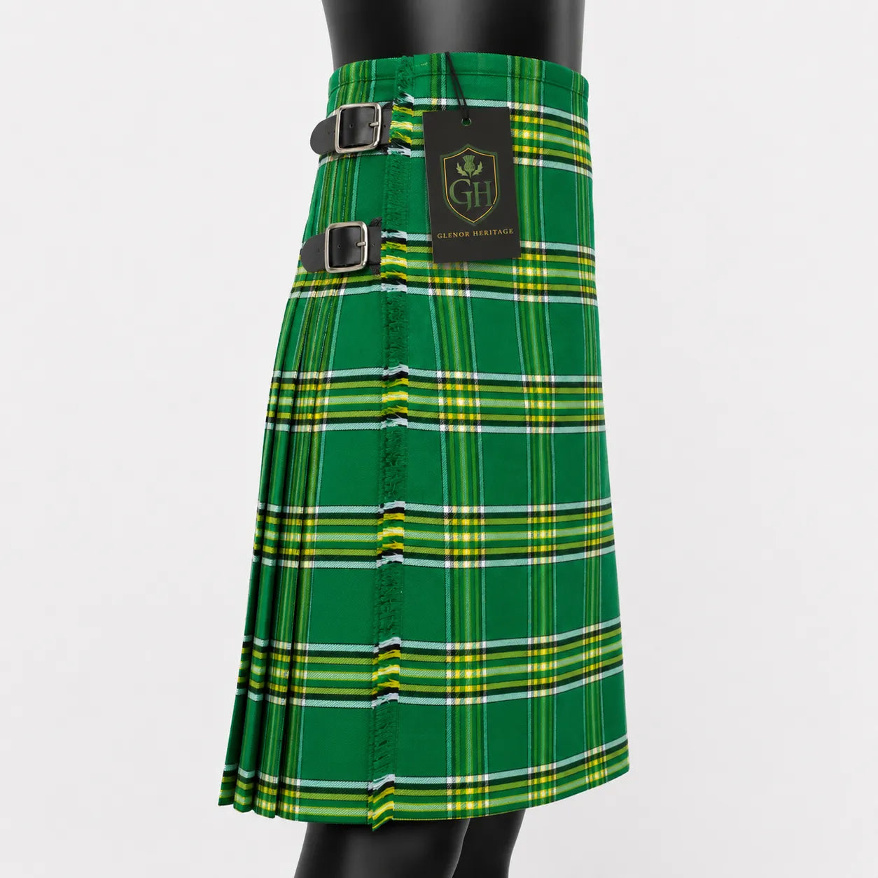 Irish Green tartan kilt back pleat detail – premium acrylic wool Celtic kilt by Glenor Heritage