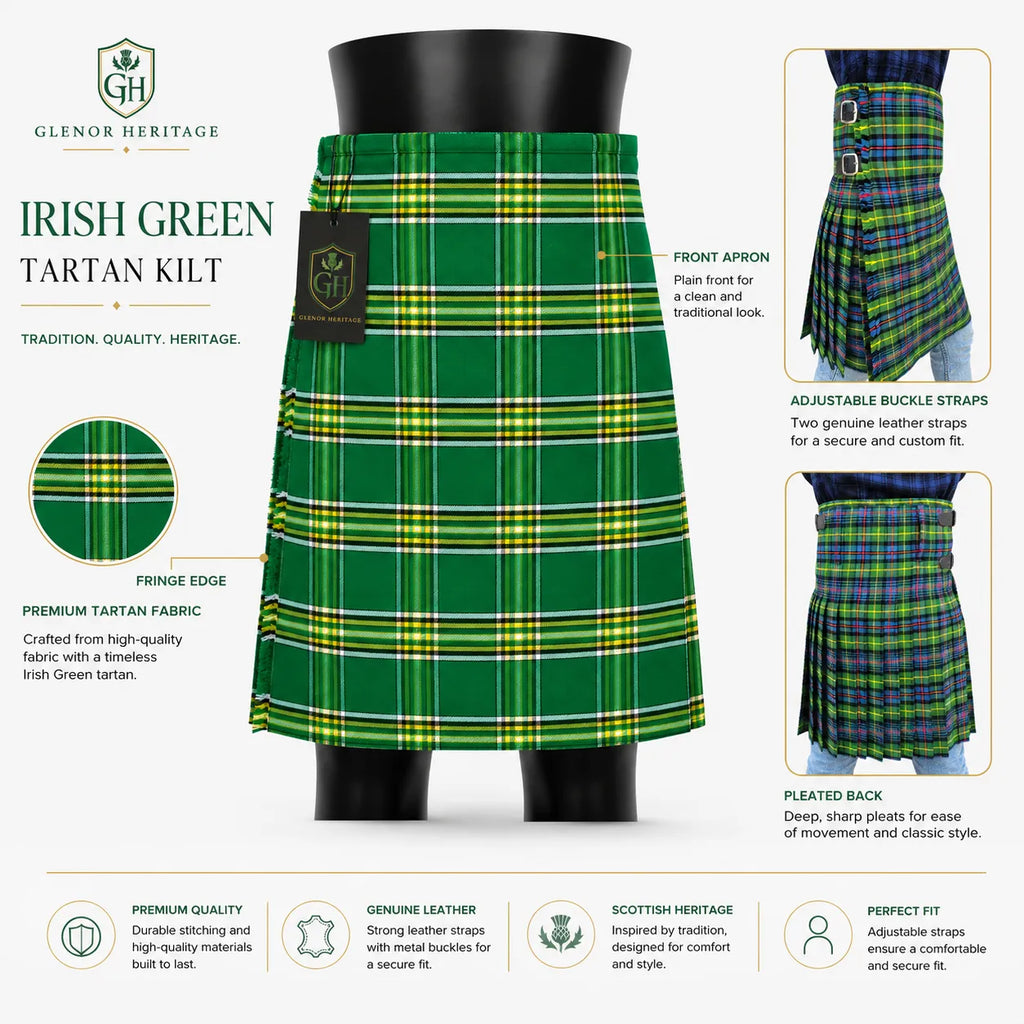 Irish Green tartan kilt full length view – Celtic heritage kilt for St Patricks Day and Irish weddings