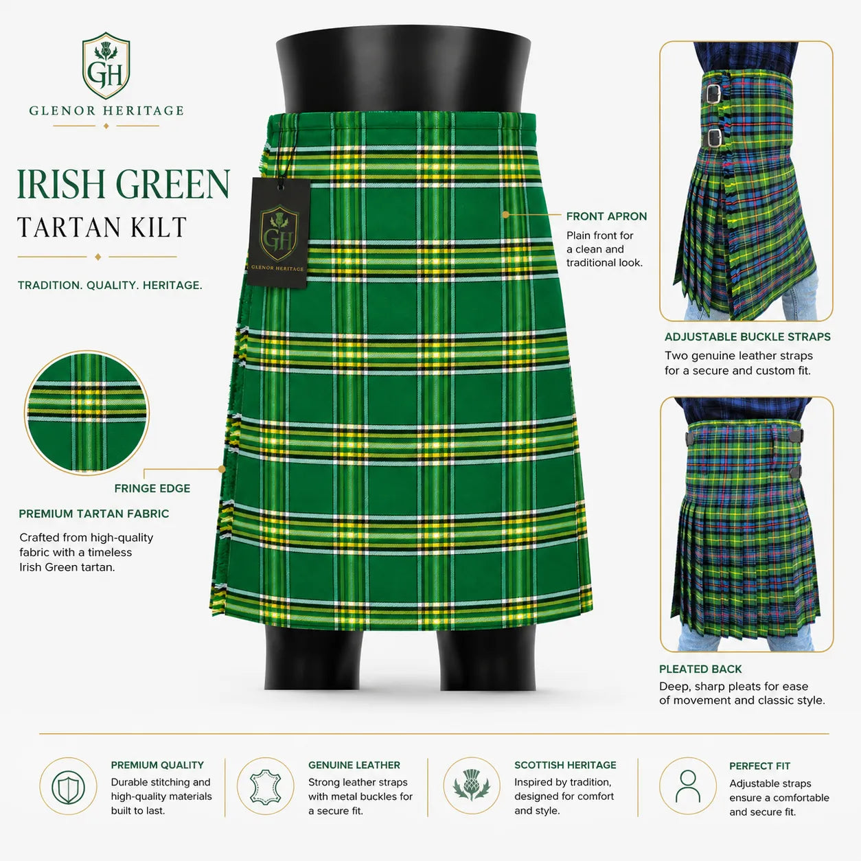 Irish Green tartan kilt full length view – Celtic heritage kilt for St Patricks Day and Irish weddings