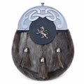 Lion Rampant semi dress sporran front view – brown fur Highland sporran with Lion Rampant cantle by Glenor Heritage