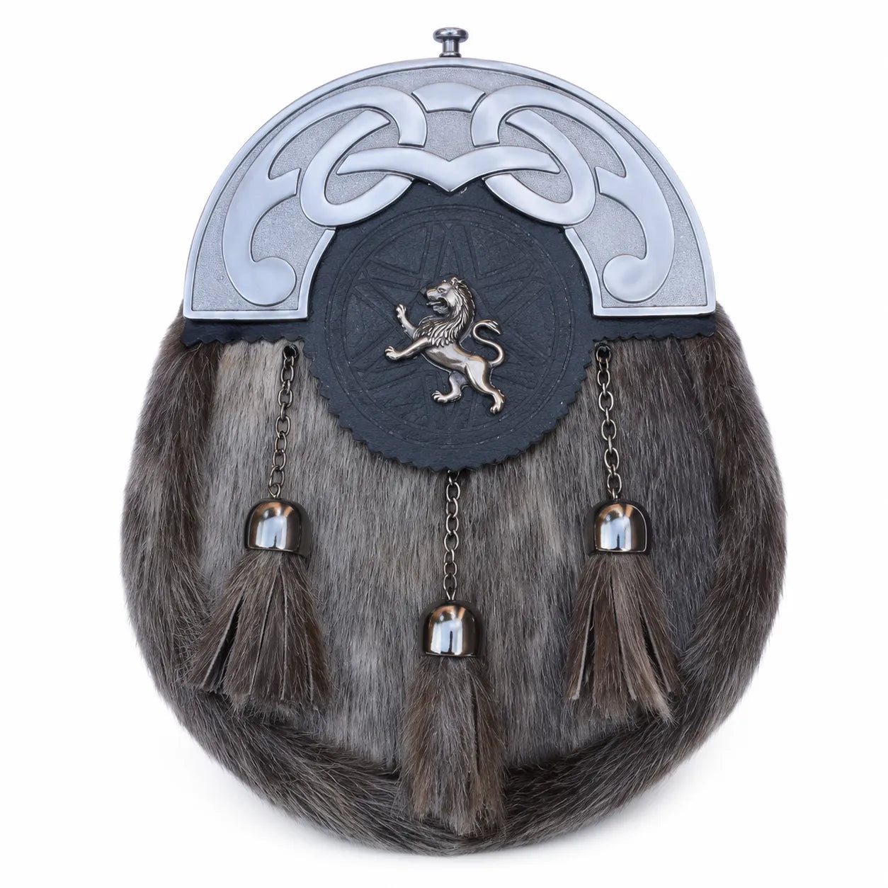 Lion Rampant semi dress sporran front view – brown fur Highland sporran with Lion Rampant cantle by Glenor Heritage