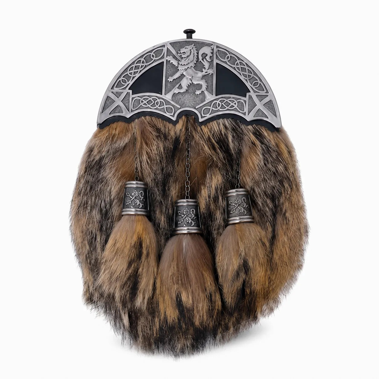 Lion Rampant fur dress sporran front view – formal Celtic Highland sporran with Lion Rampant cantle and hanging tassels by Glenor Heritage