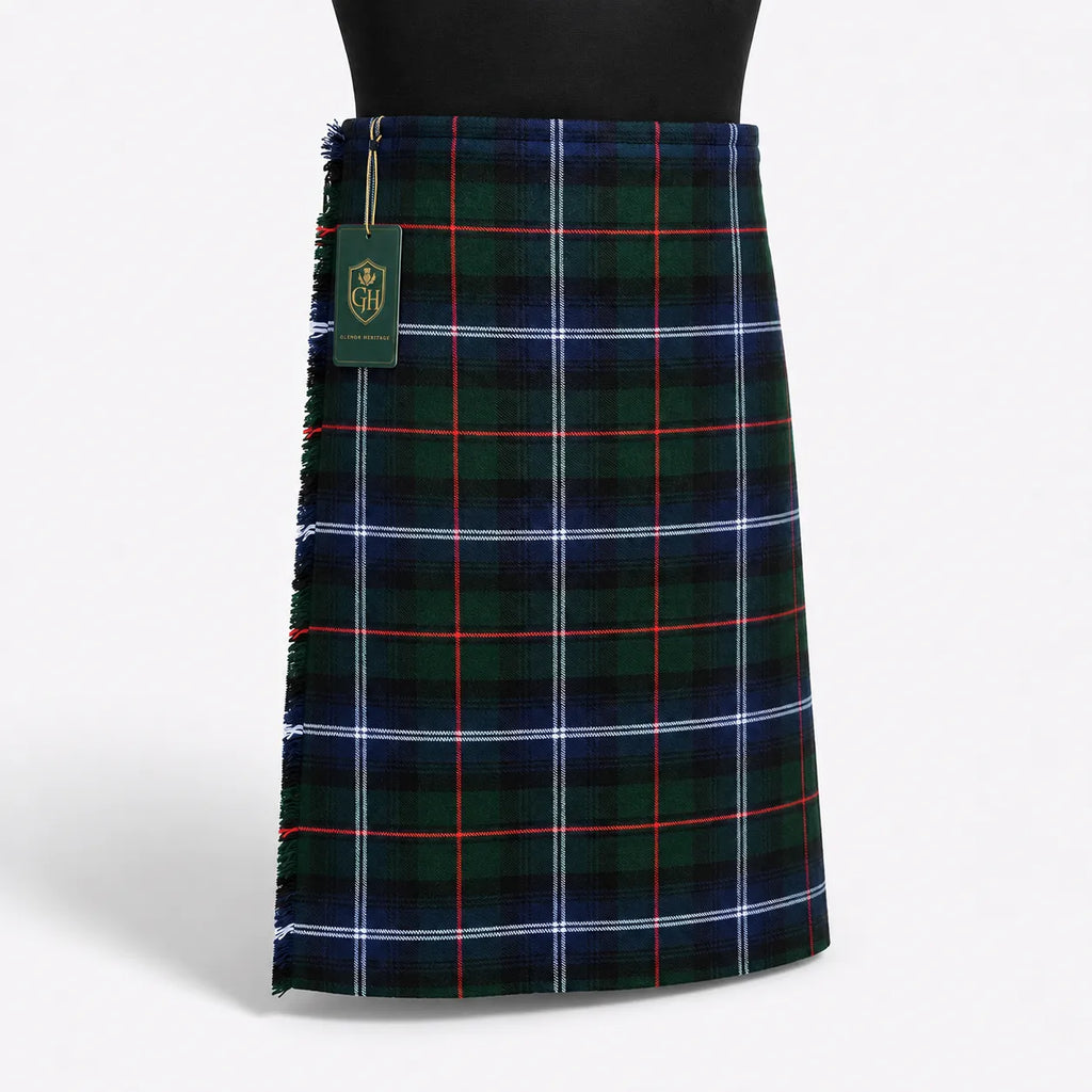 Liquid Modern tartan kilt front view – bold contemporary plaid with fluid colour transitions and leather straps