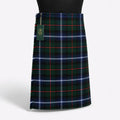 Liquid Modern tartan kilt front view – bold contemporary plaid with fluid colour transitions and leather straps