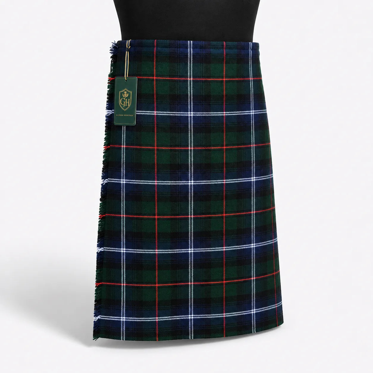 Liquid Modern tartan kilt front view – bold contemporary plaid with fluid colour transitions and leather straps