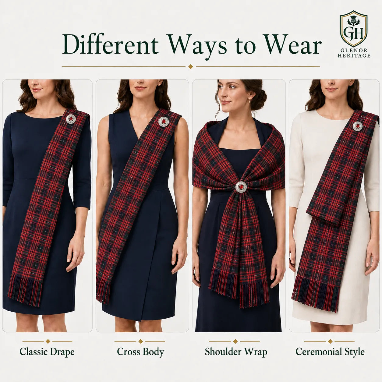 Macdonald tartan sash draped full length showing traditional fringe edging and clan tartan pattern