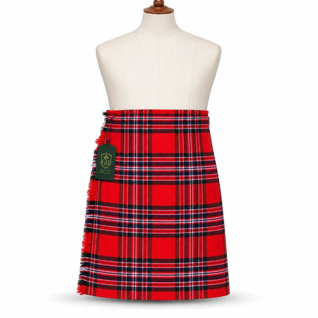 Clan MacFarlane Red Modern tartan kilt front view – bold red and green plaid with leather straps