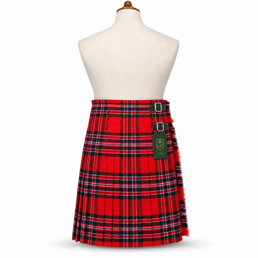 MacFarlane Red Modern kilt side view showing traditional knife pleats and metal buckle