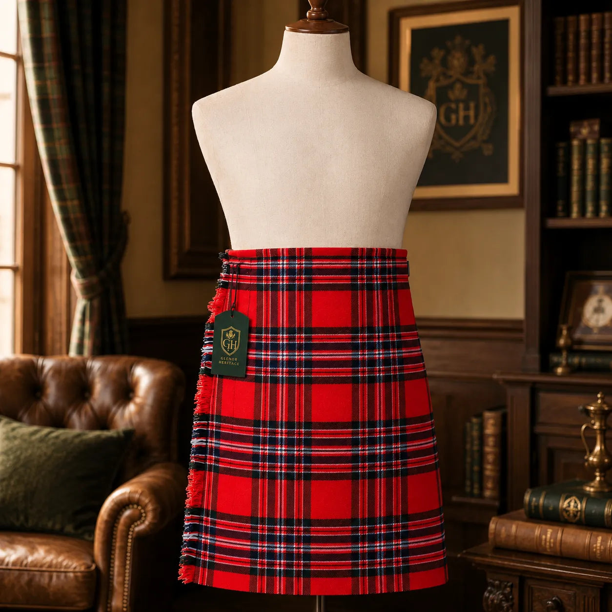 Clan MacFarlane Red Modern kilt full length view – Scottish Highland kilt for clan gatherings and weddings