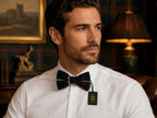 A man wearing a white dress shirt and a black bow tie with a subtle plaid pattern and a green H&R brand tag, set against a warm, dark, classic interior background.