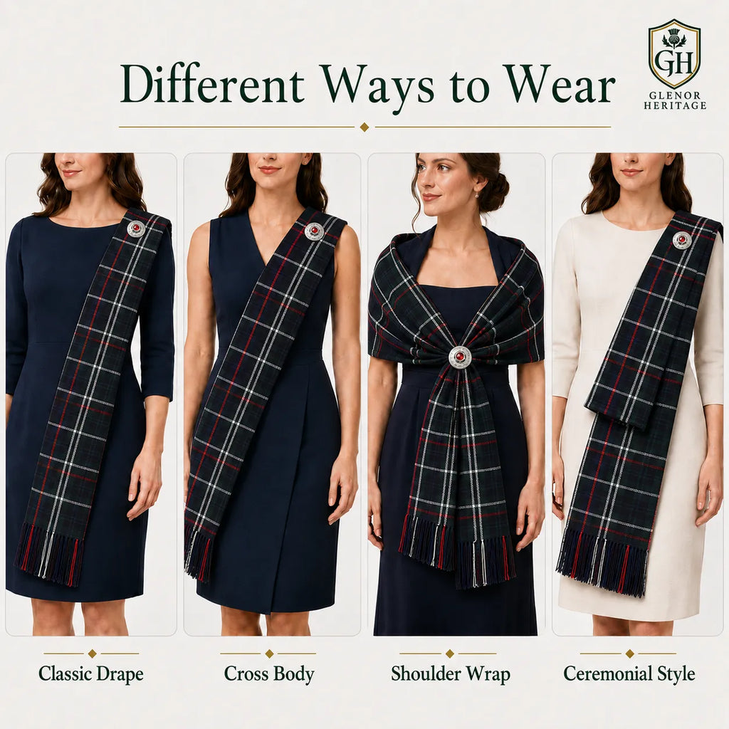 Mackenzie tartan sash draped full length showing traditional fringe edging and green tartan pattern