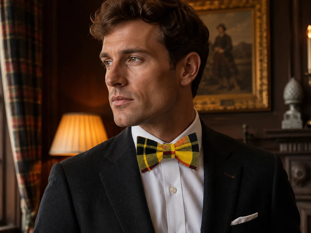 A man in a black suit and white shirt wearing a yellow, black, and green plaid bow tie, posed in a warm, dark-toned room with a lamp and framed painting in the background.