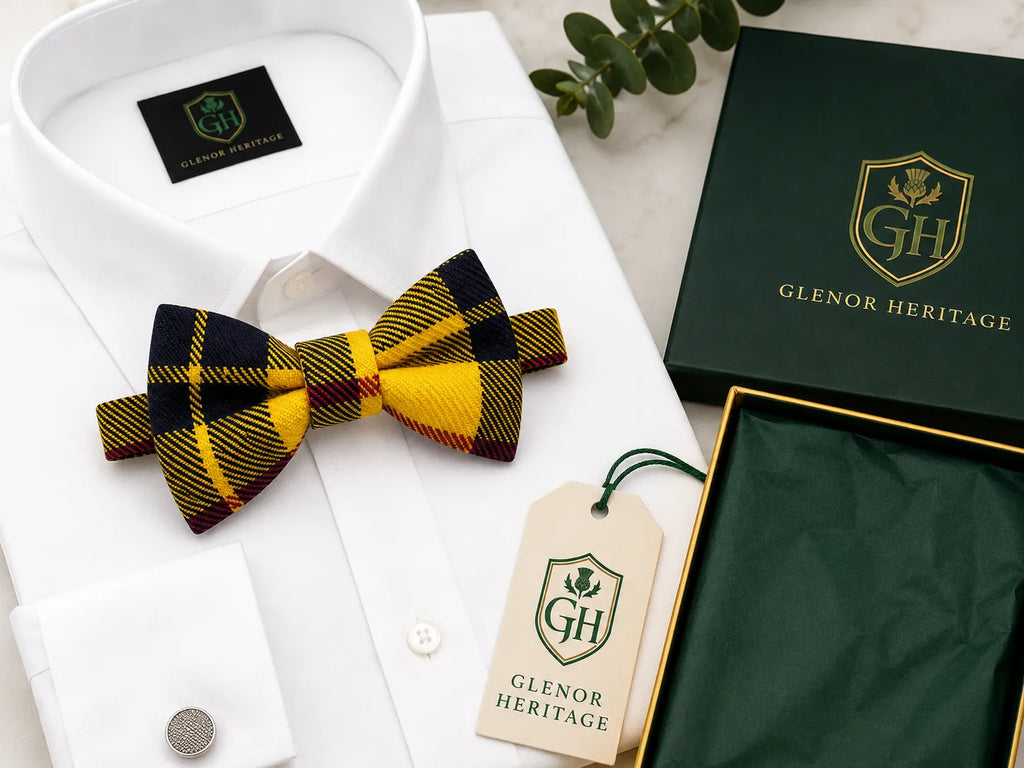 A yellow and black tartan plaid bow tie styled on a white dress shirt, alongside a matching white cufflink, a cream branded gift tag, a dark green presentation box, and a green leaf sprig.