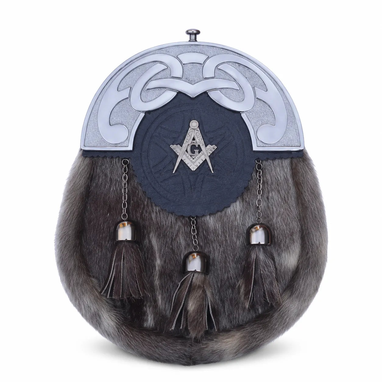 Masonic Celtic semi dress sporran front view – brown fur Highland sporran with Masonic Square and Compass cantle by Glenor Heritage