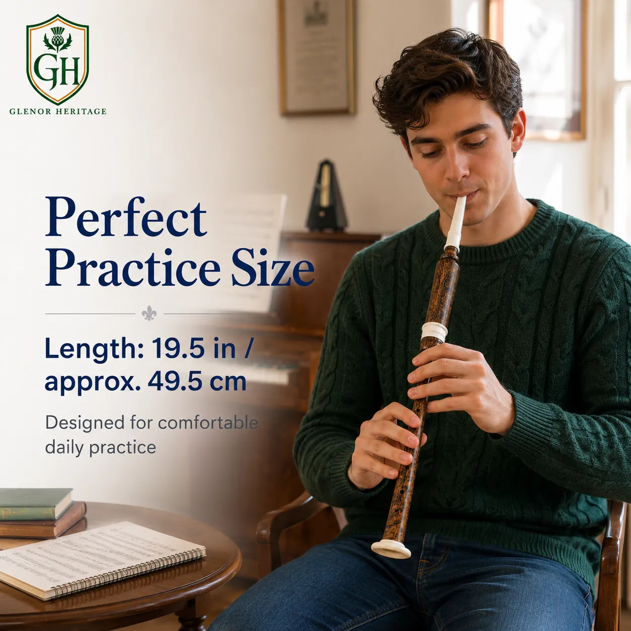 Natural wood ivory practice chanter reed cap and blowpipe end detail by Glenor Heritage