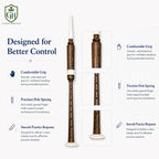 Practice chanter side profile showing natural wood grain and classic Highland bagpipe trainer design