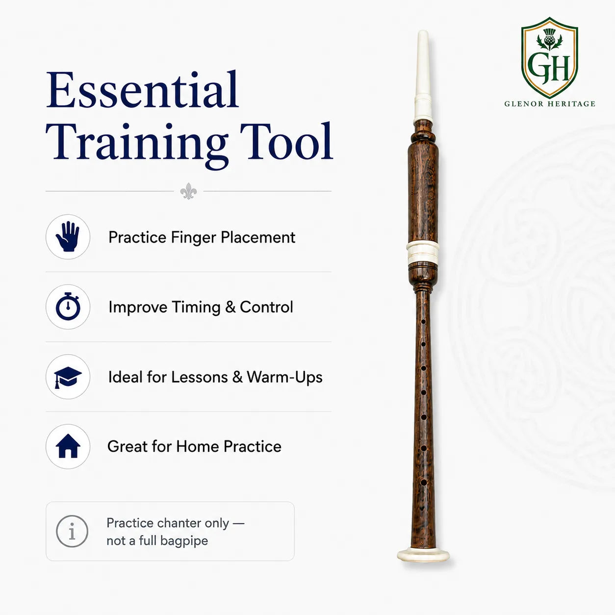 Glenor Heritage natural wood ivory practice chanter bottom bell and mount detail close-up