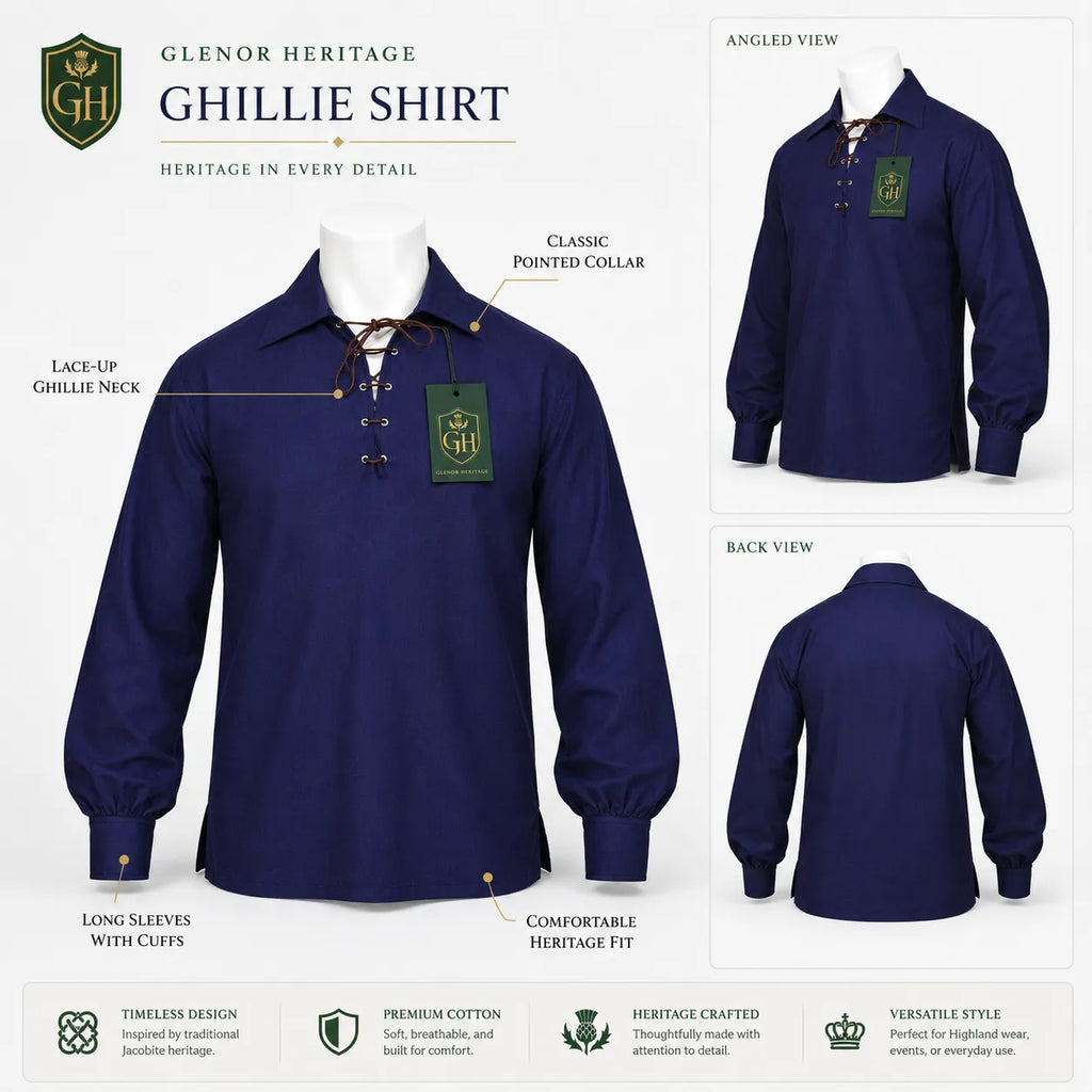 Navy Blue Highland Lace-Up Shirt – Classic Scottish Jacobite Style | Glenor Heritage