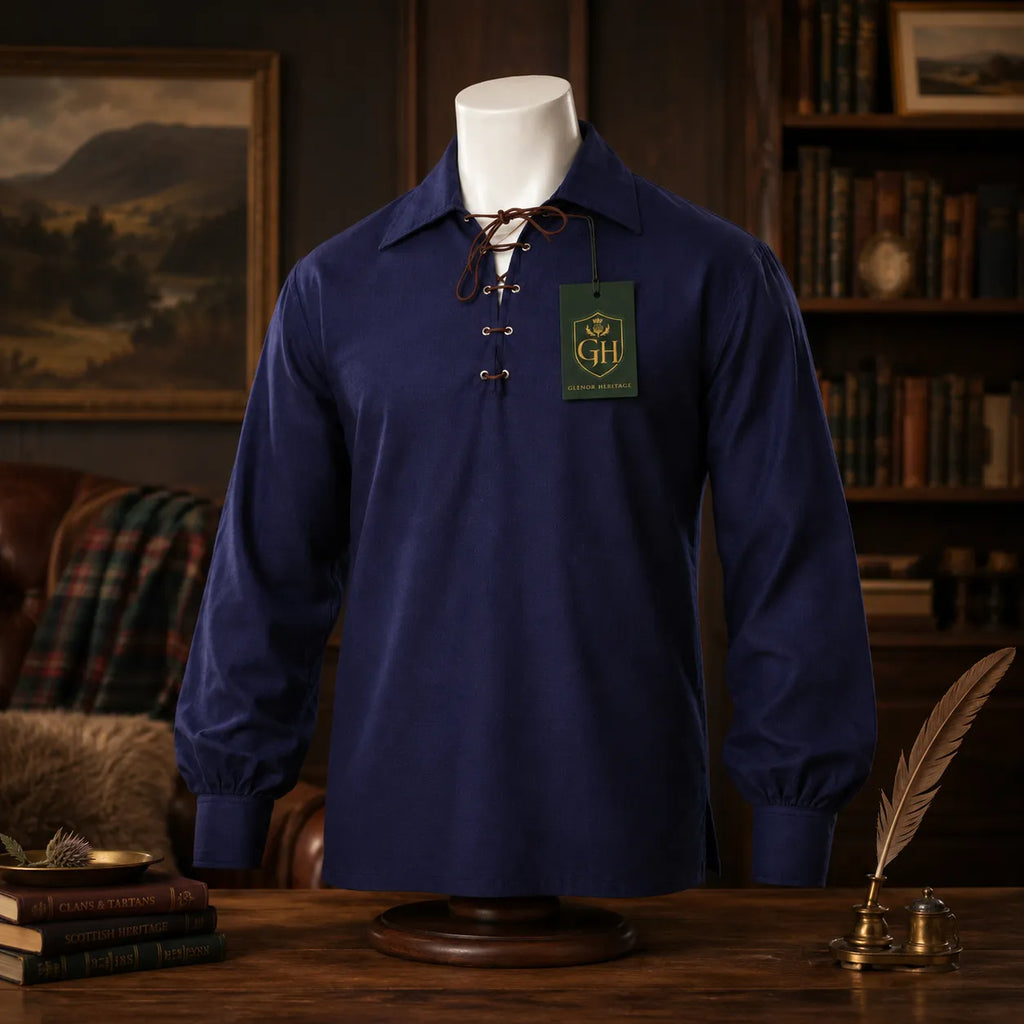 Navy Blue Highland Lace-Up Shirt – Classic Scottish Jacobite Style | Glenor Heritage