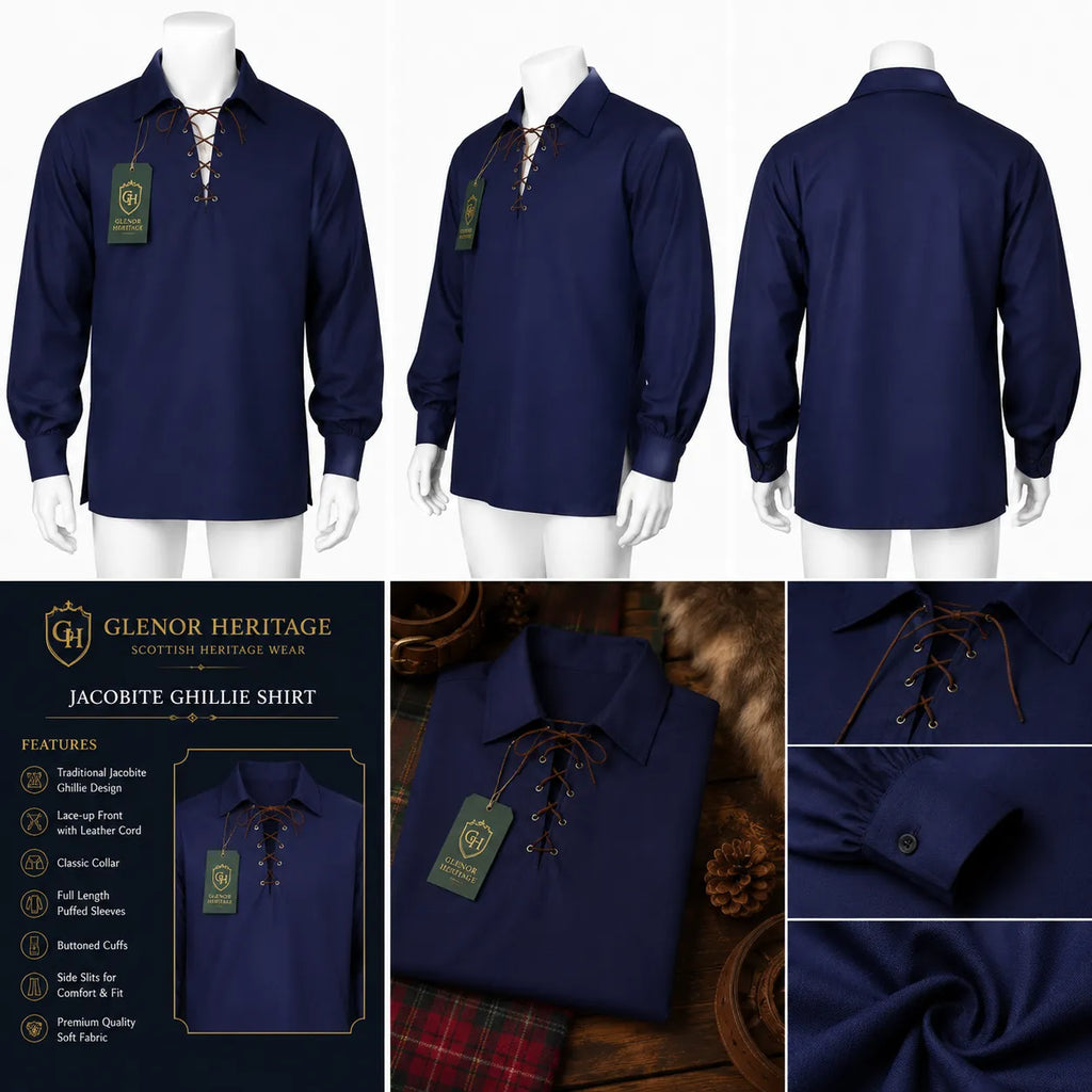 Navy Blue Highland Lace-Up Shirt – Classic Scottish Jacobite Style | Glenor Heritage