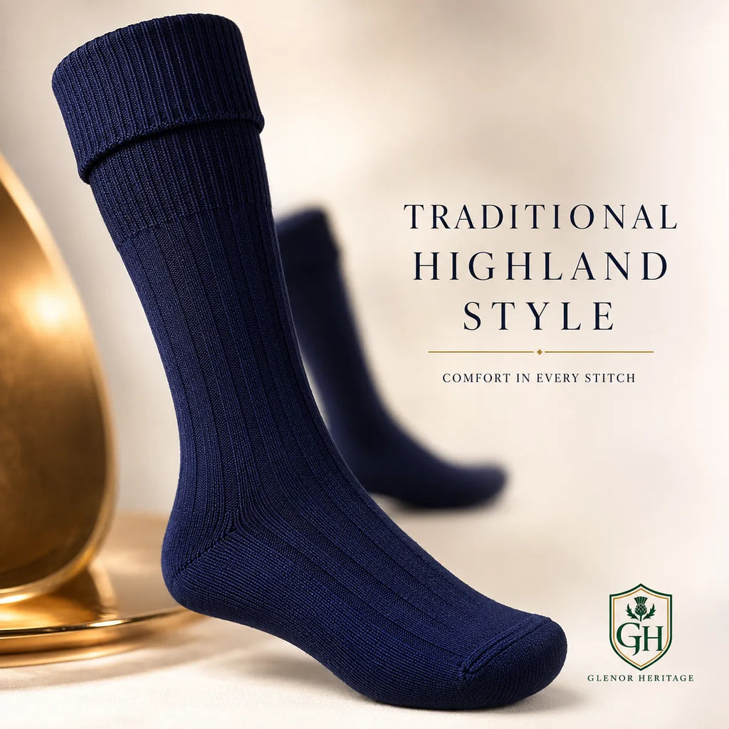 Navy blue Scottish kilt hose front view – premium Highland socks for kilts, weddings and pipe band
