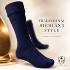 Navy blue Scottish kilt hose front view – premium Highland socks for kilts, weddings and pipe band